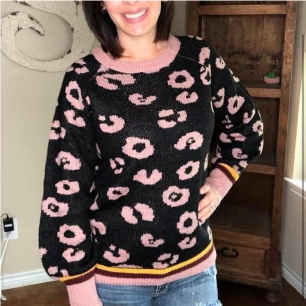 Andree Black and Pink Crew Neck Sweater with Playful Patterns